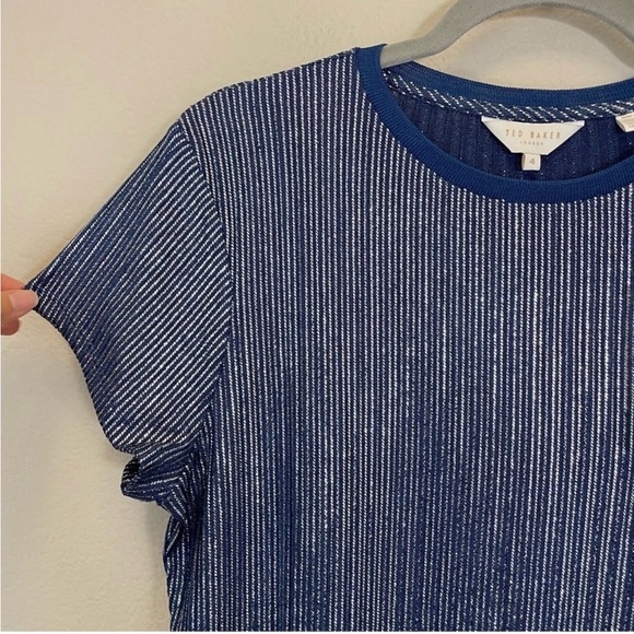 Ted Baker London Catrino Navy Metallic Crewneck Short Fitted Ribbed Tee - Picture 6 of 10